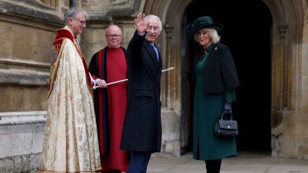 Britain's King Charles III and Queen Camilla greet people after attending the Easter Matins Service at St. George's Chapel, Windsor Castle, England, March 31, 2024. 