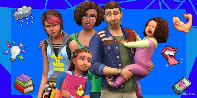 A family celebrates Winterfest with Father Winter and gift in The Sims 4. Two parents sit together on the couch, while their two children open presents. One of the children talks to Father Winter.
