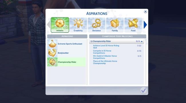 sims 4 horse ranch champio<em></em>nship rider aspiration details in the aspiration menu
