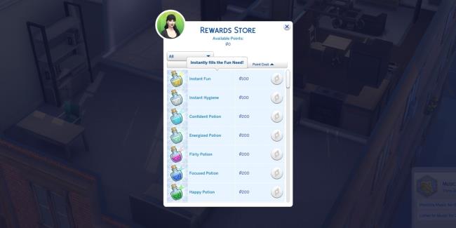 the sims 4 satisfaction points reward store, showing potions