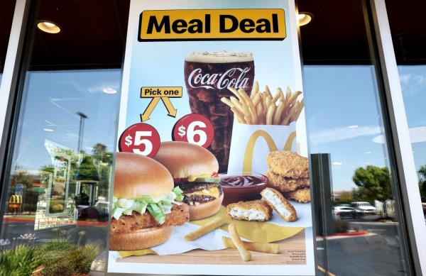 Sign advertising extended $5 meal deal at a McDonald's restaurant in Burbank, California on July 22, 2024.